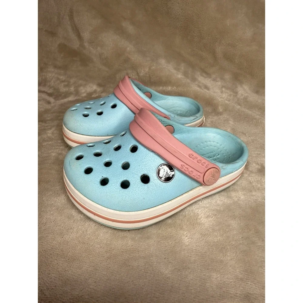 Crocs Crocband Clogs K Kids Ice Blue / Pink‎ Slip On Shoes Back Strap Size 5C